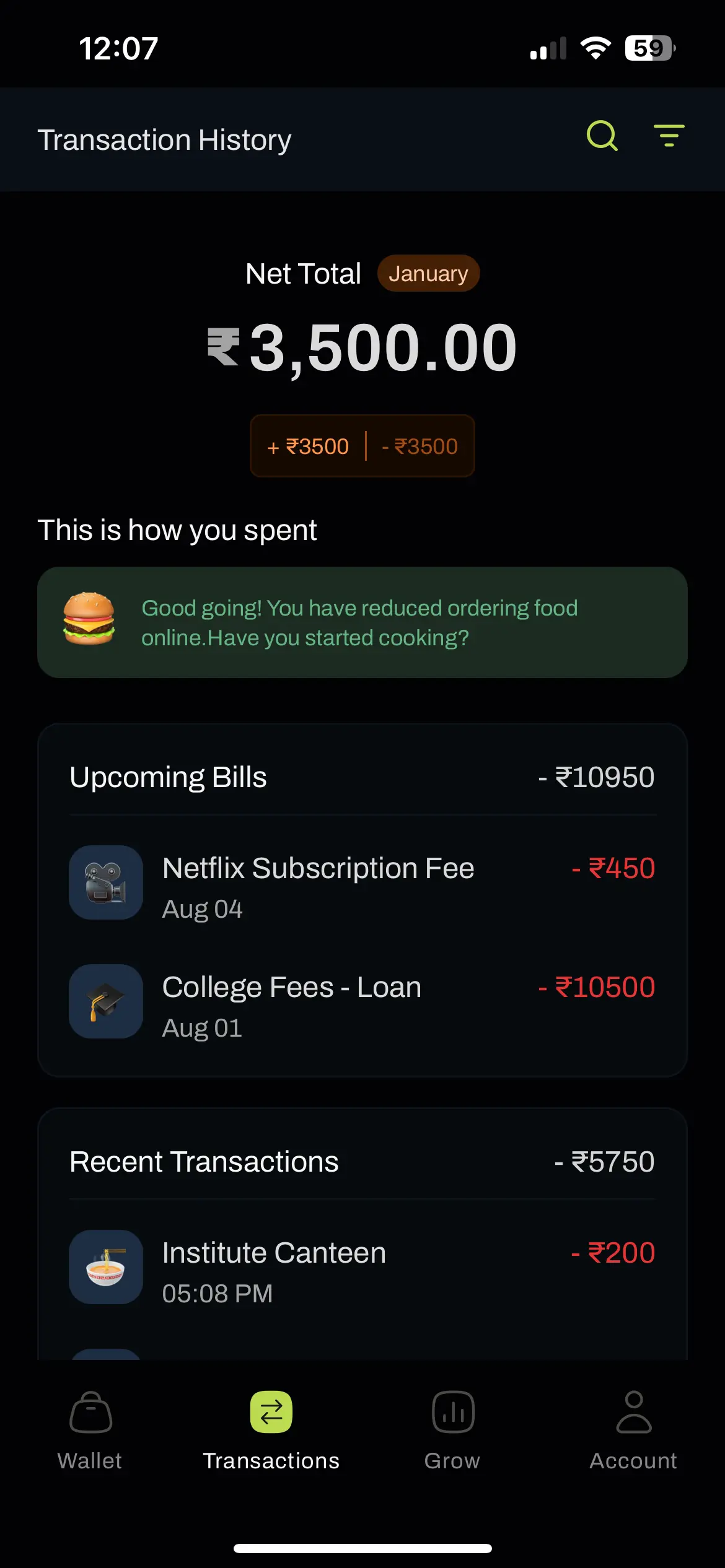 finance app dashboard transactions
