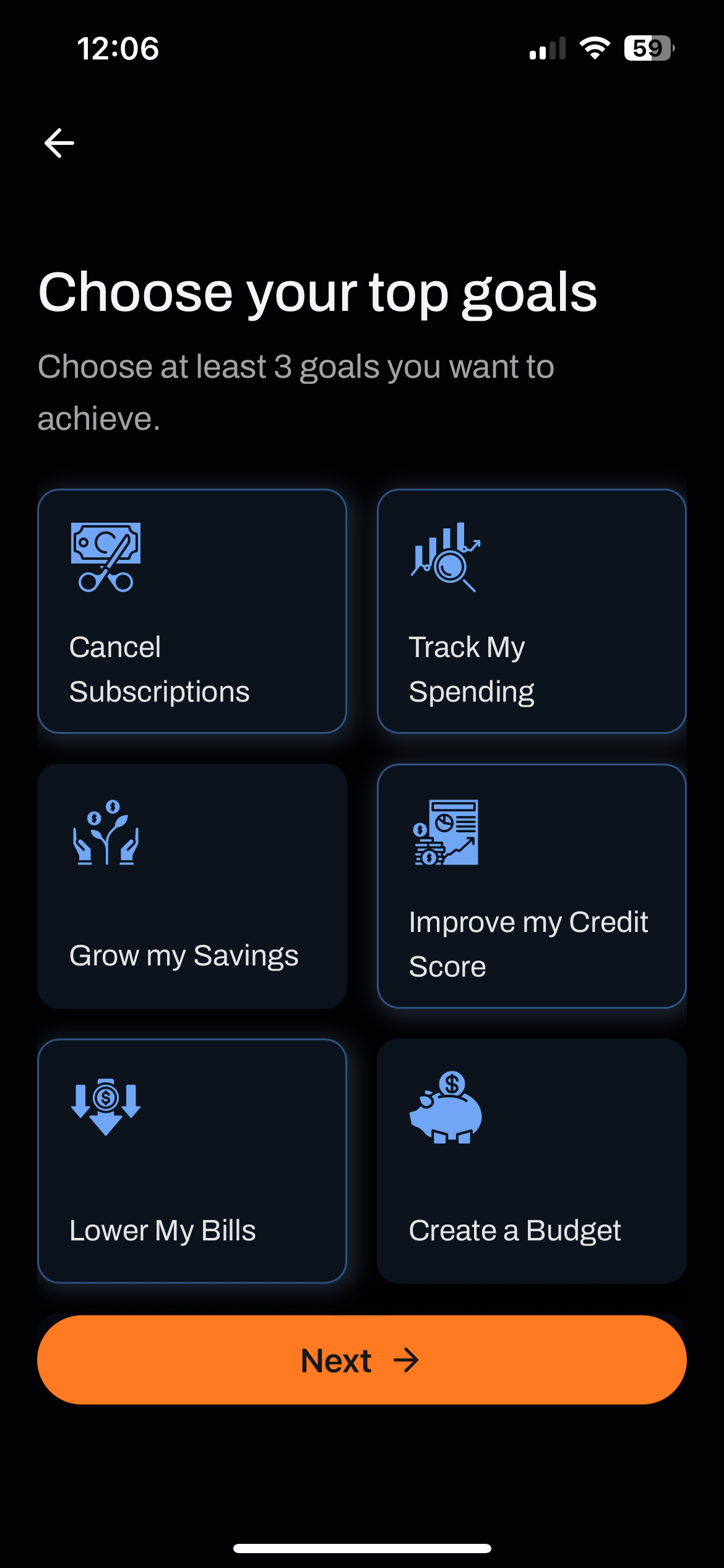 finance app onboarding categories select
