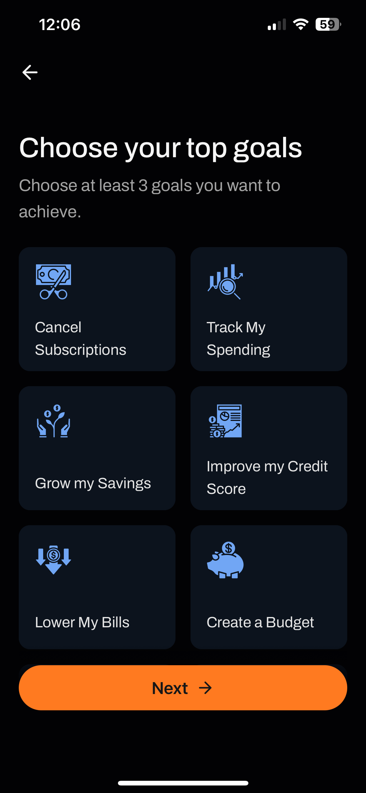 finance app onboarding categories