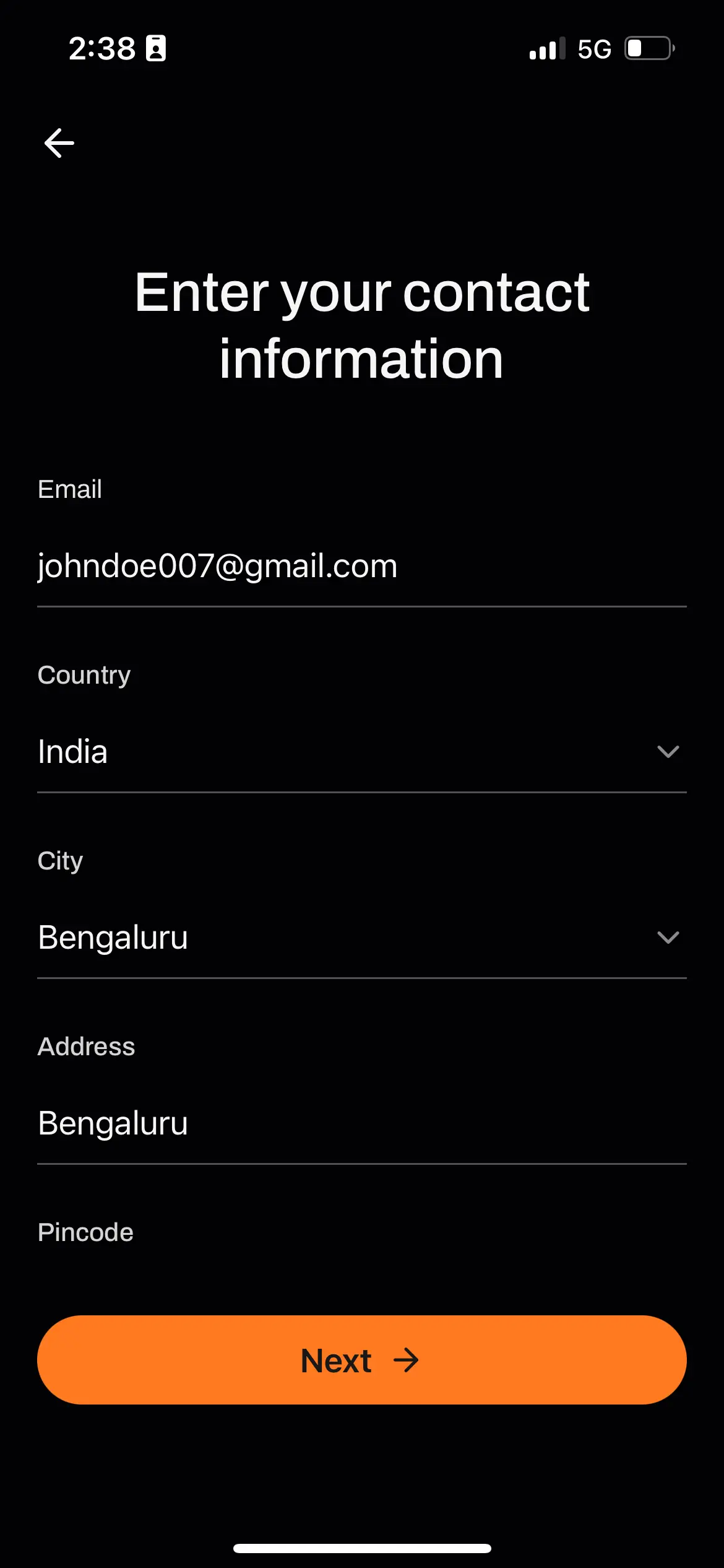 finance app onboarding contact info enter