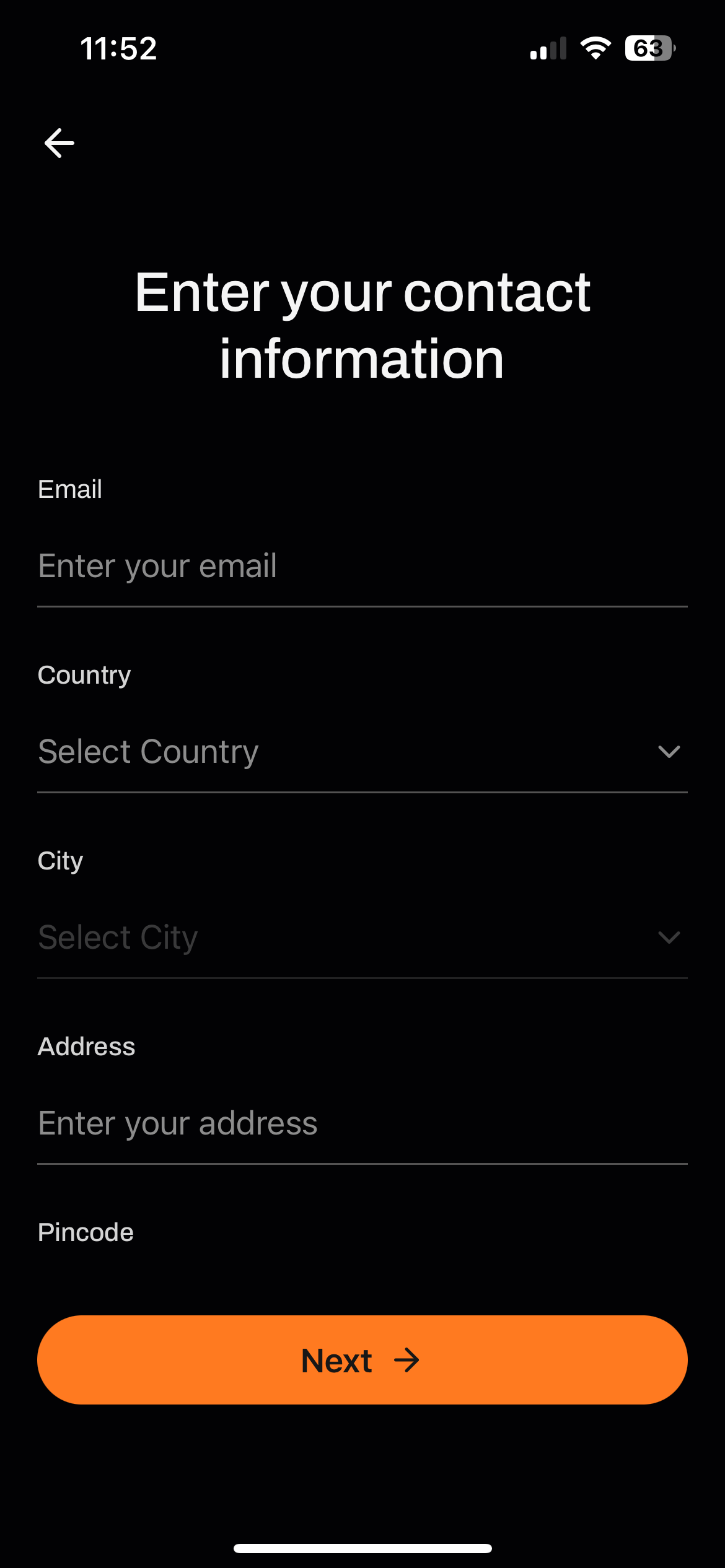 finance app onboarding contact info