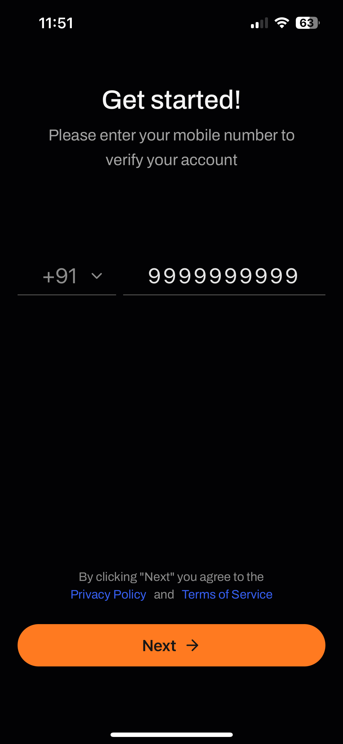 finance app onboarding phone input enter