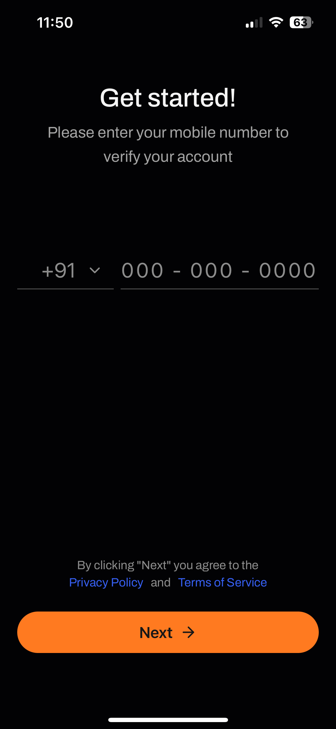 finance app onboarding phone input