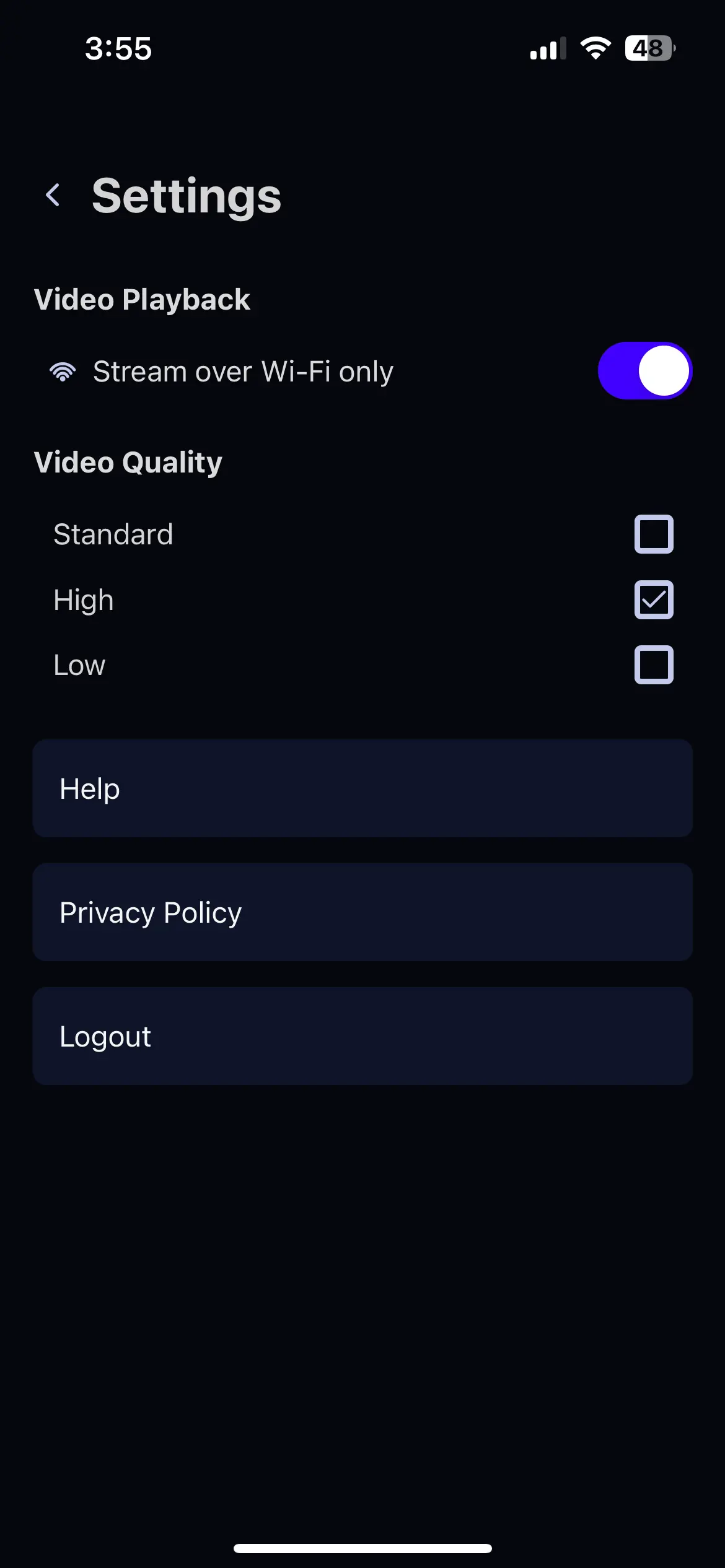Video Streaming App Settings