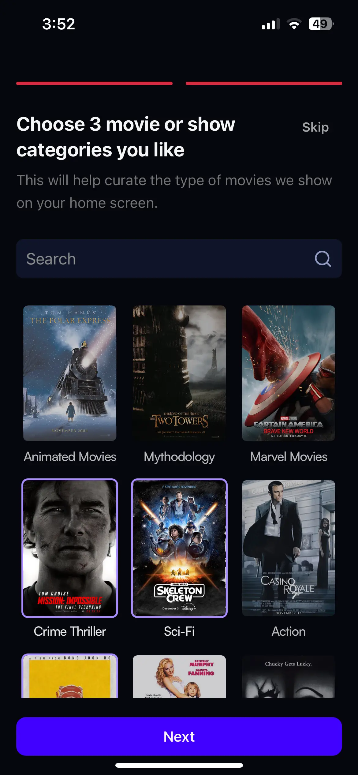 Video Streaming App Categories Selected