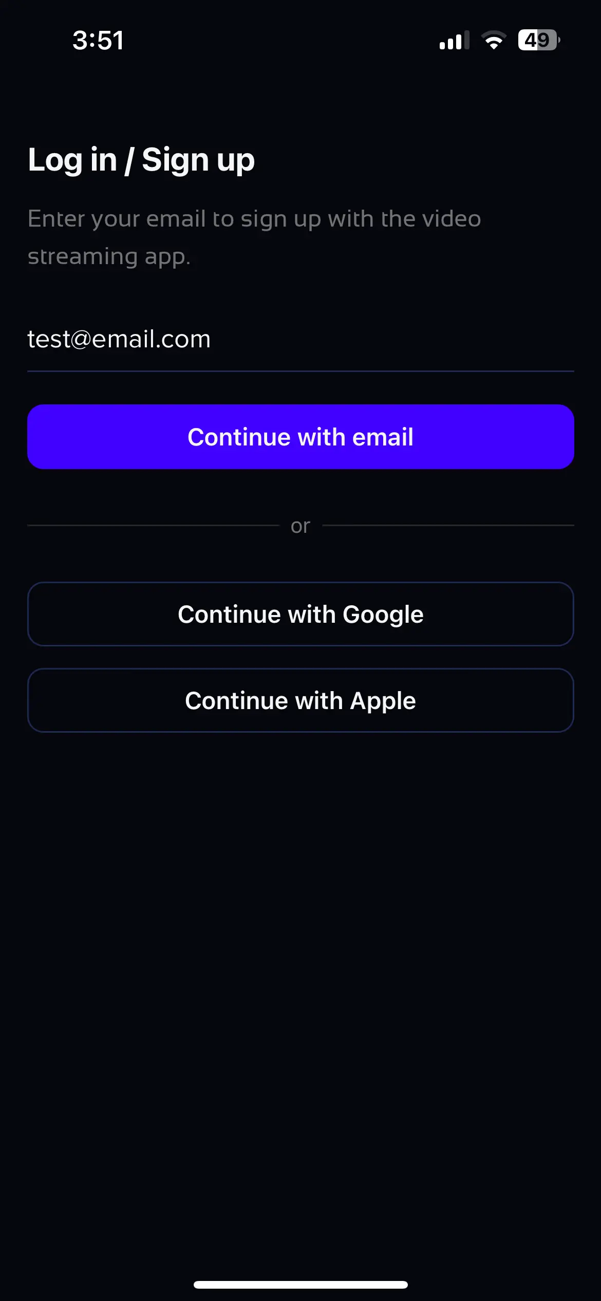 Video Streaming App Login Filled